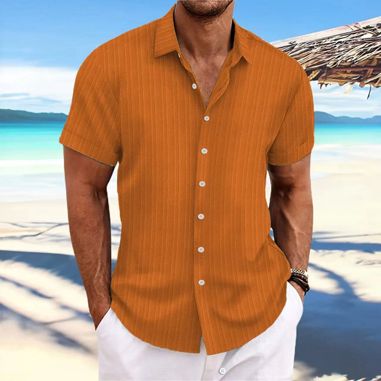Men's Cotton-Linen Striped Casual Loose Short Sleeve Shirt