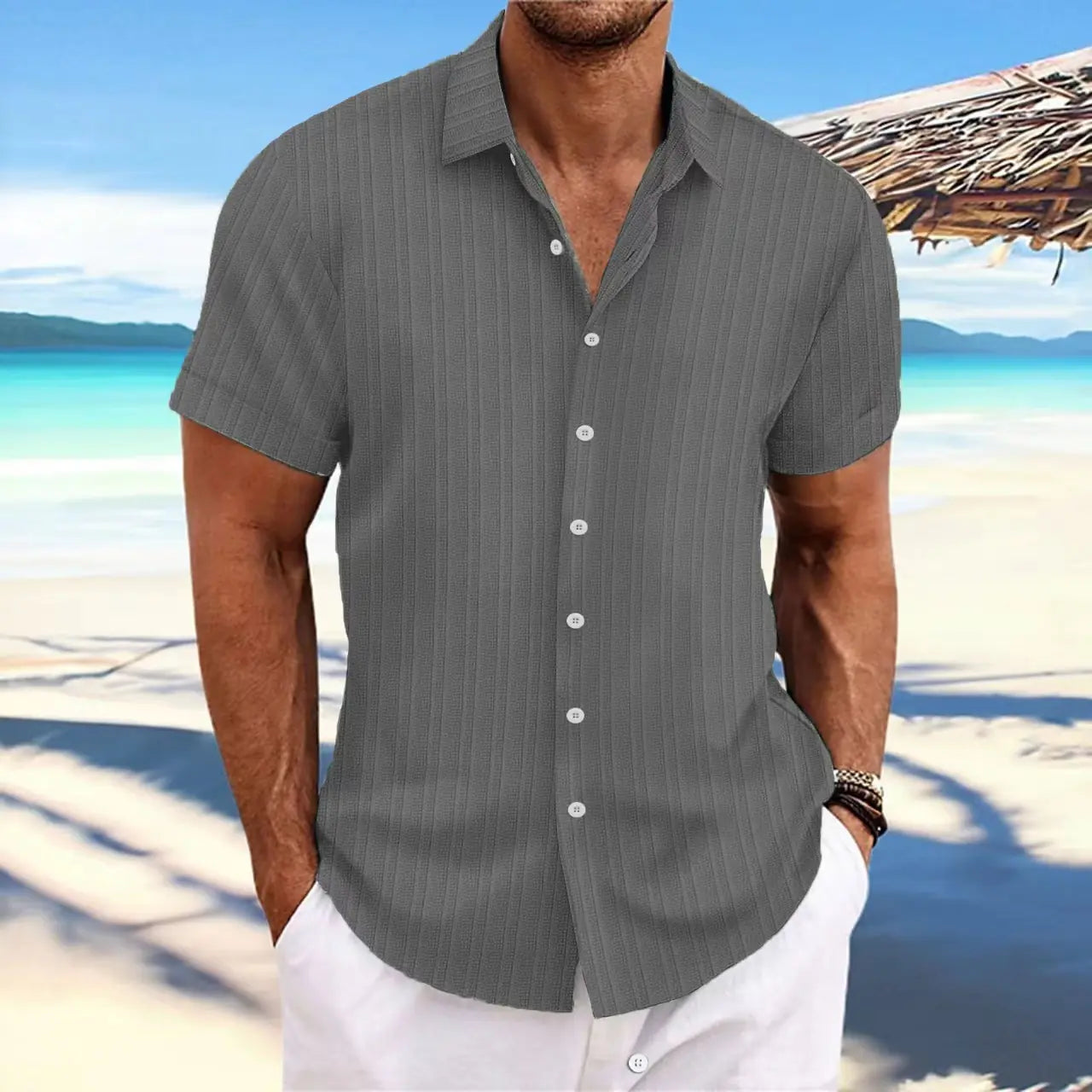 Men's Cotton-Linen Striped Casual Loose Short Sleeve Shirt