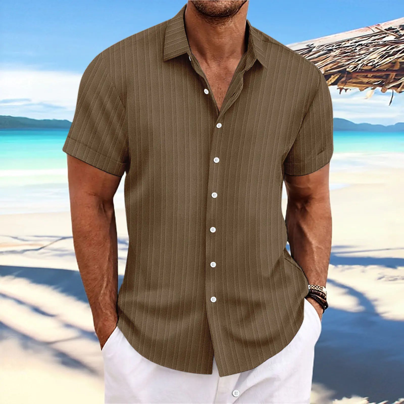 Men's Cotton-Linen Striped Casual Loose Short Sleeve Shirt