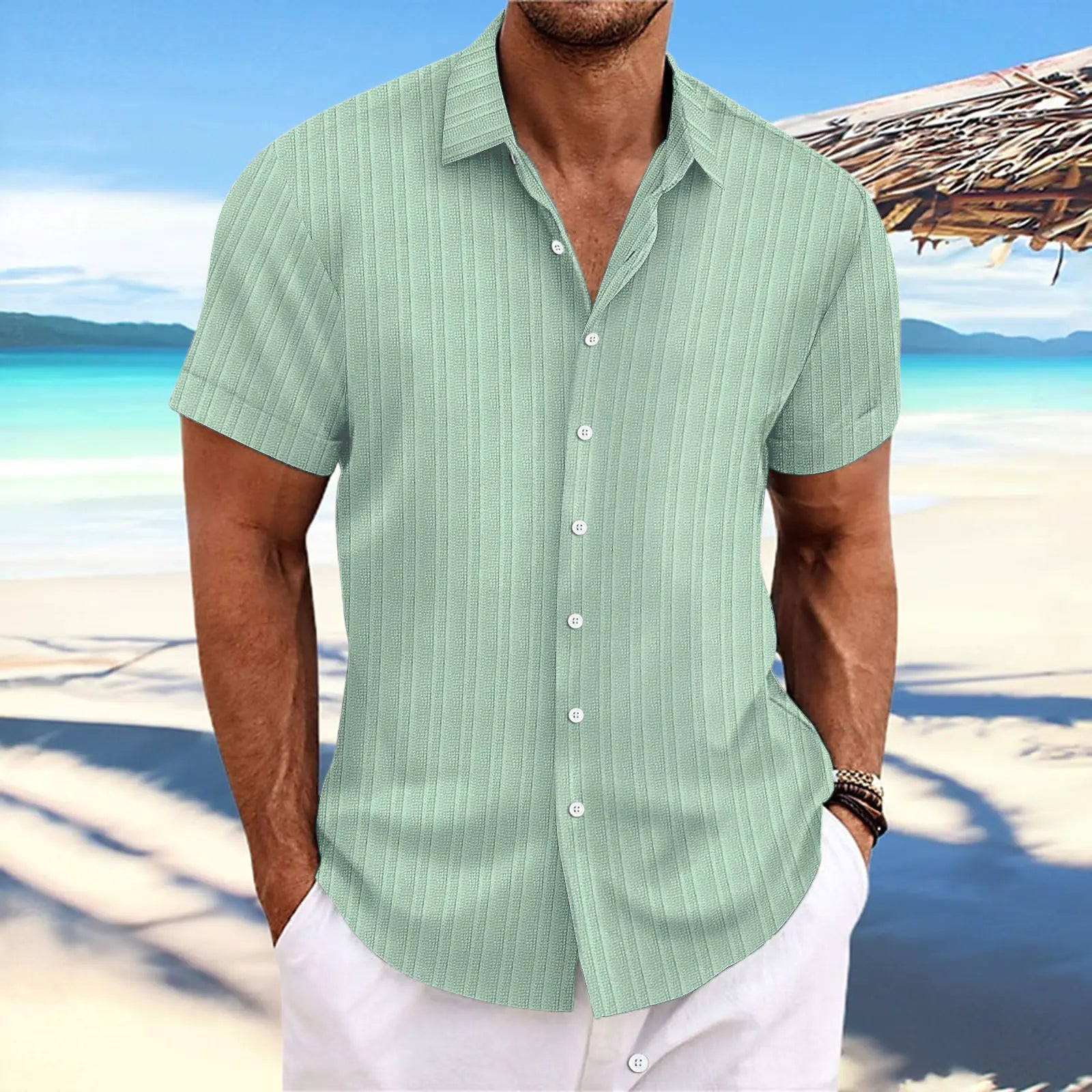 Men's Cotton-Linen Striped Casual Loose Short Sleeve Shirt