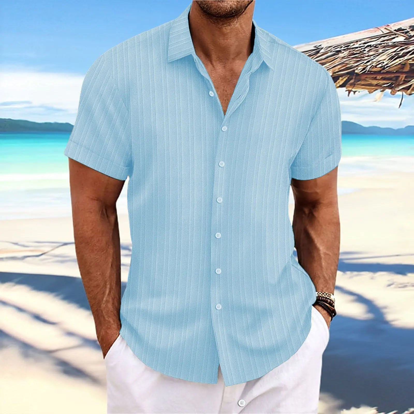 Men's Cotton-Linen Striped Casual Loose Short Sleeve Shirt