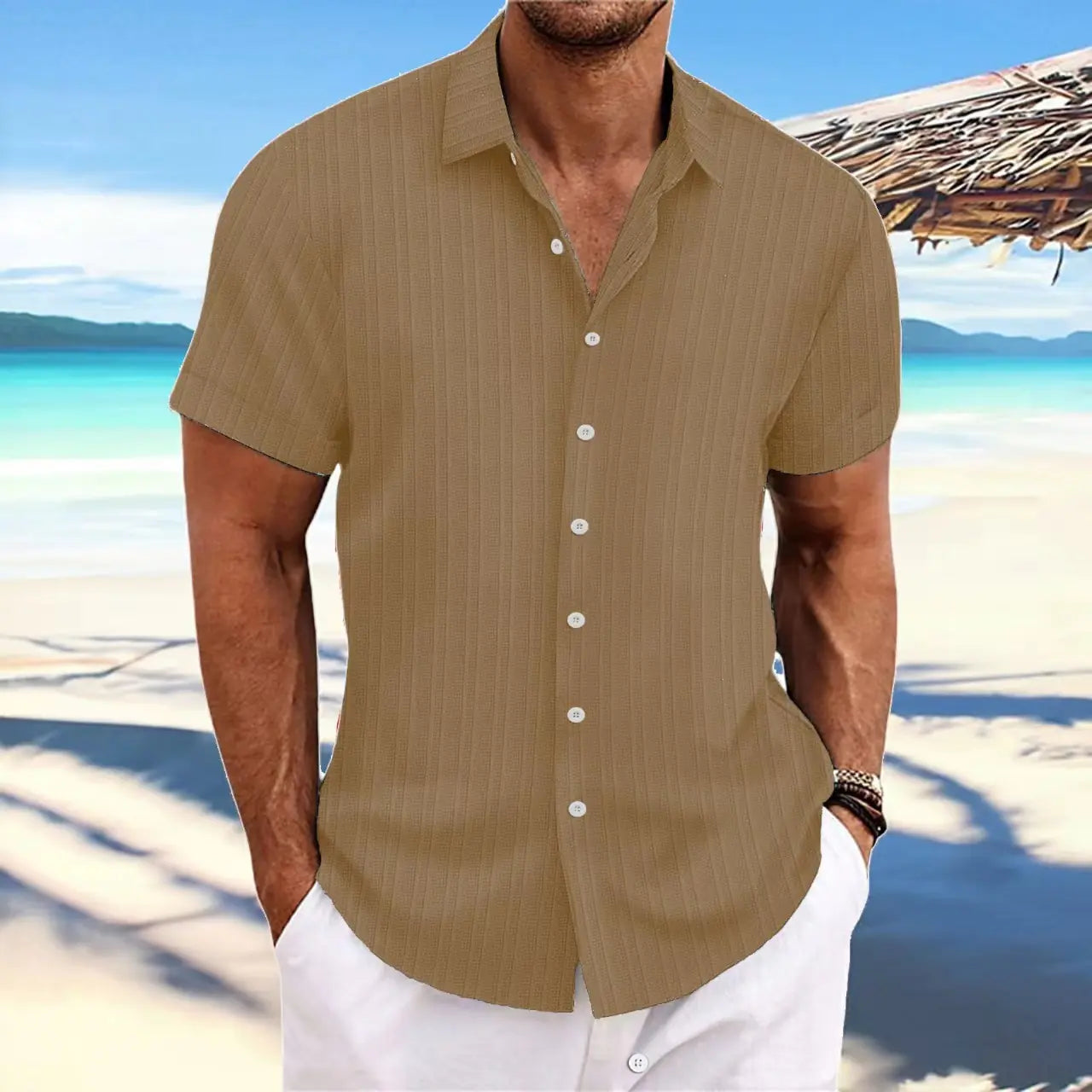 Men's Cotton-Linen Striped Casual Loose Short Sleeve Shirt