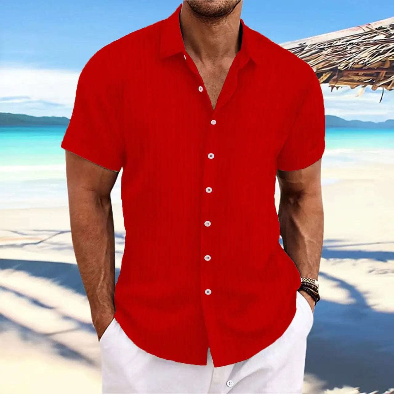 Men's Cotton-Linen Striped Casual Loose Short Sleeve Shirt